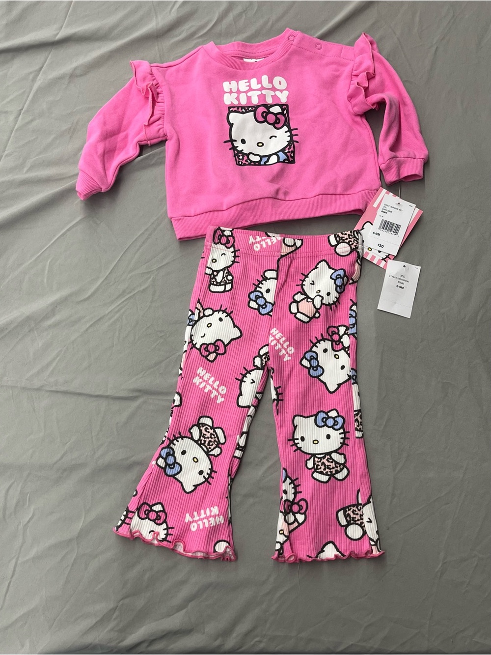 Hello Kitty Pink Ruffle-Sleeve Top & Printed Pants Set Size 6-9 Months NWT